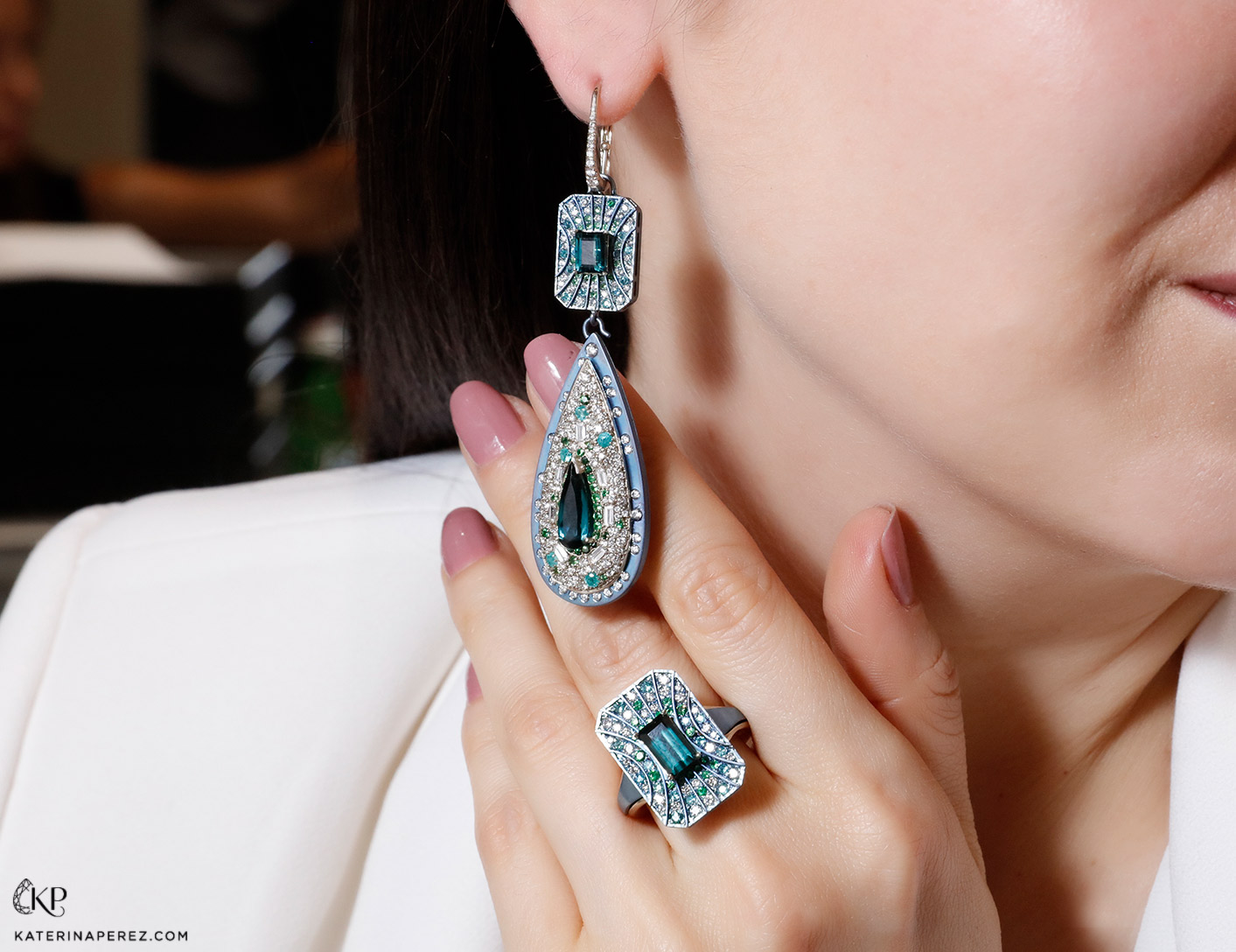 Graziela earrings with titanium, indicolites, diamonds and Paraiba tourmalines
