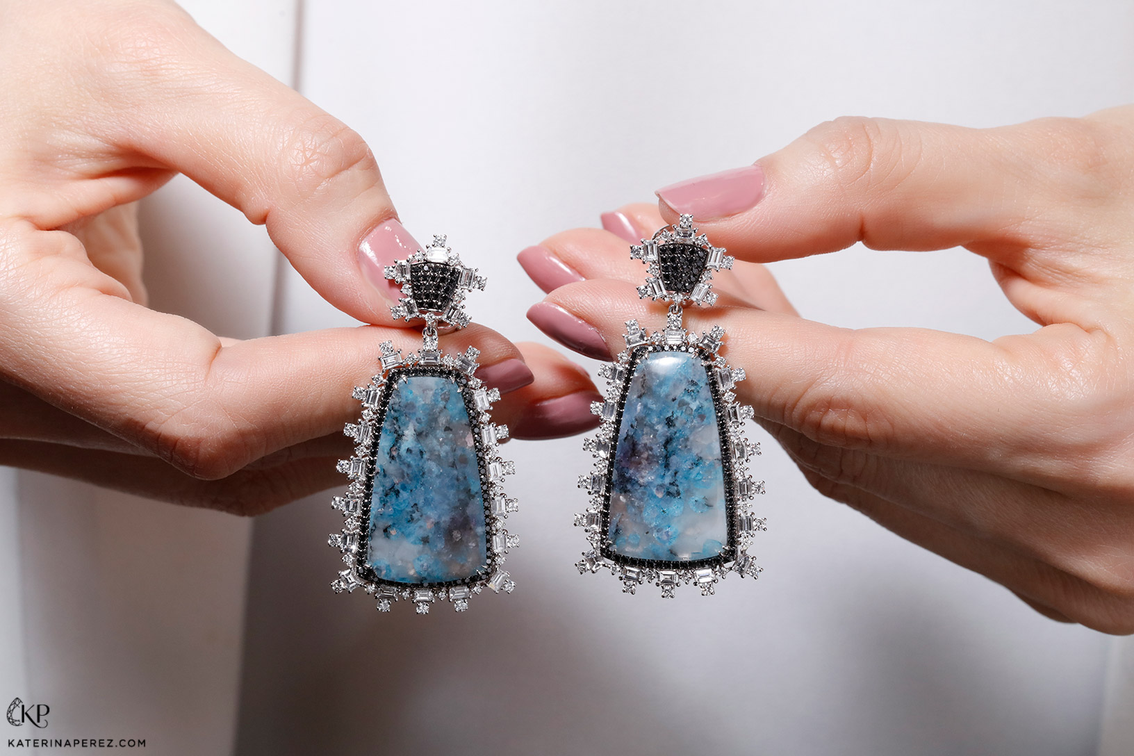 Graziela Paraiba tourmaline slices earrings with colourless and black diamonds