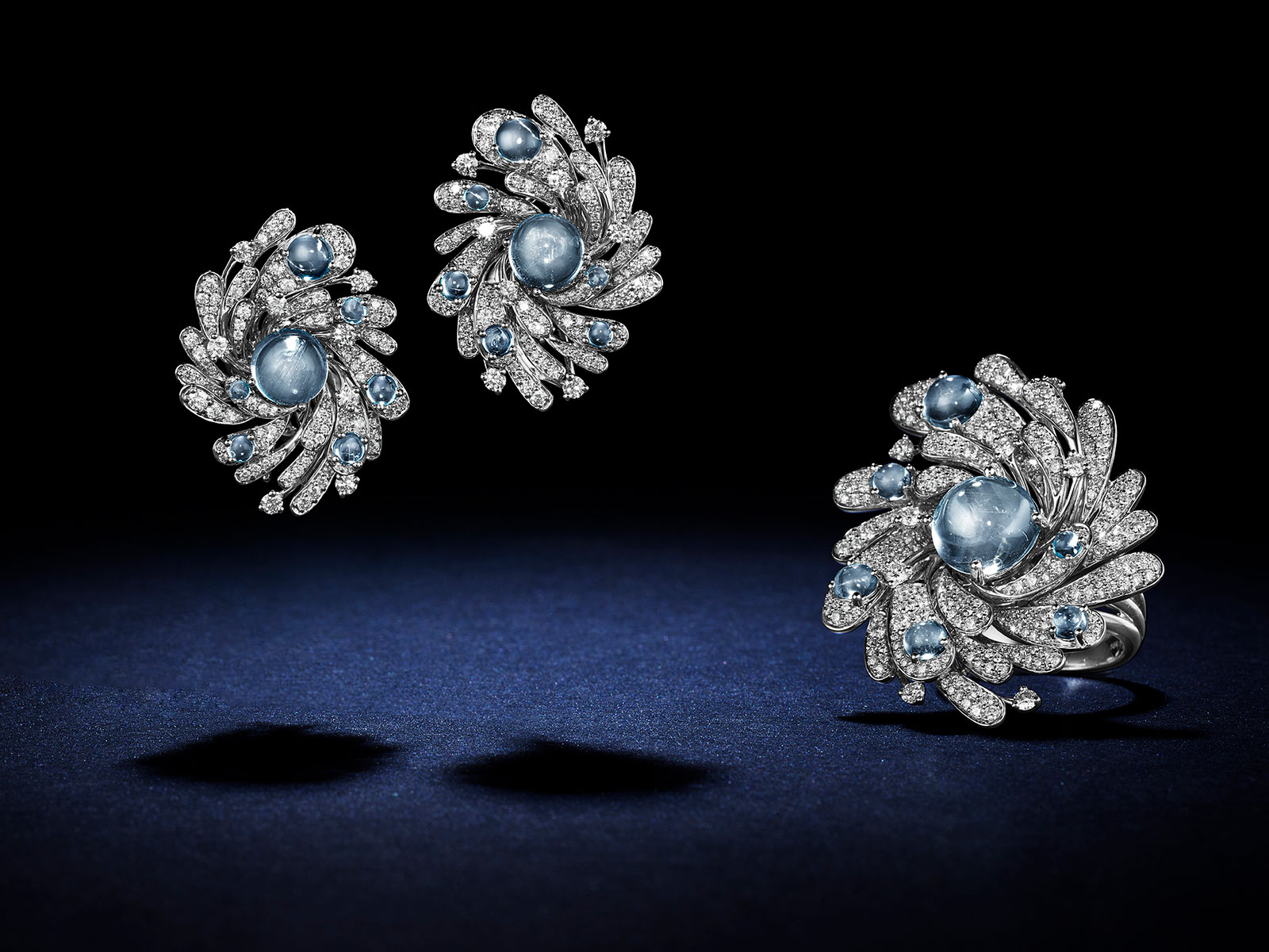 Hueb 'Oceanum' earrings and ring in aquamarine and diamonds