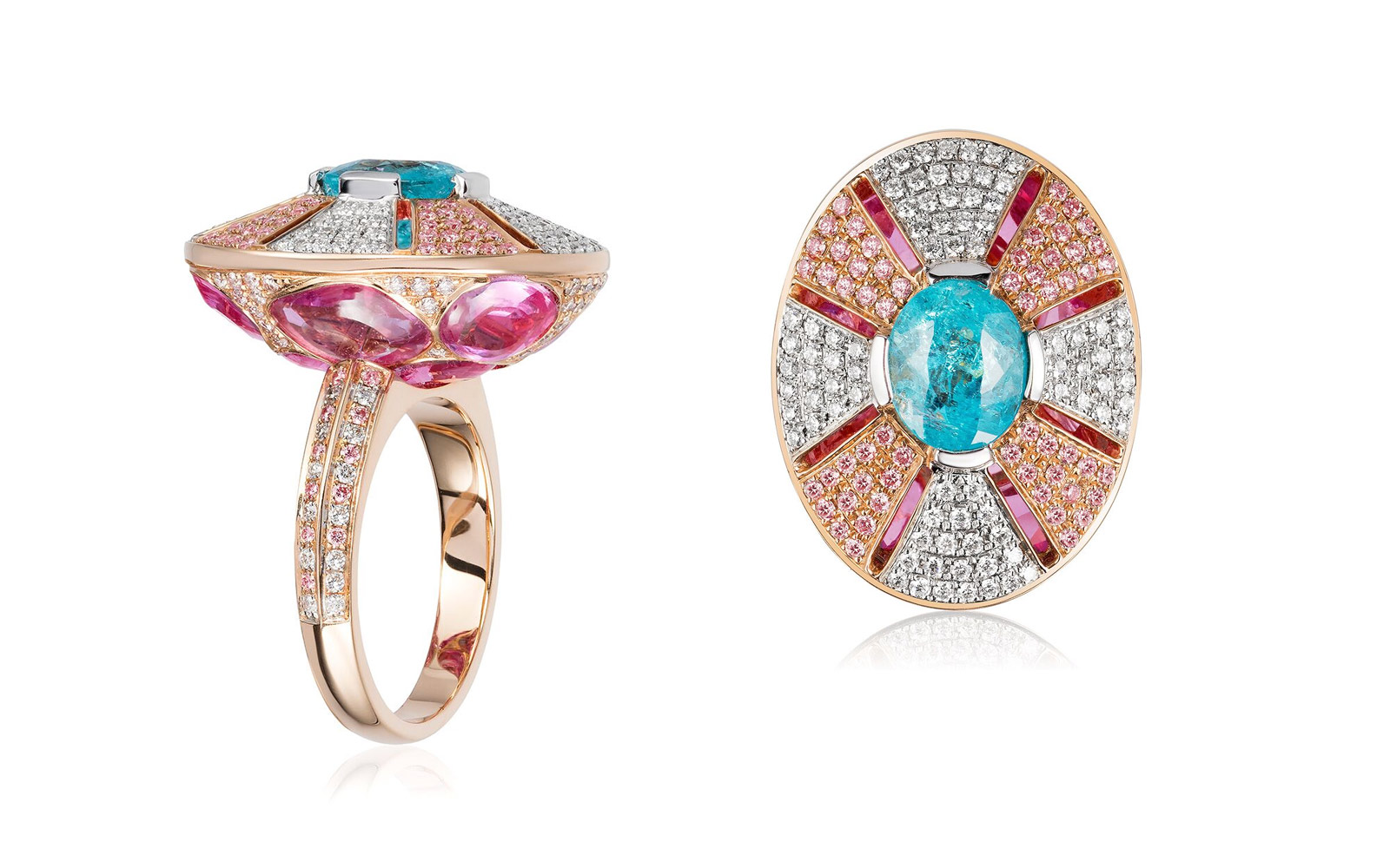  Panchoo ring in Paraiba tourmaline, pink sapphire and diamonds