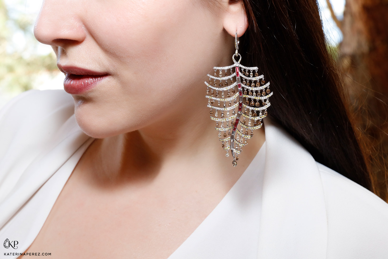 Panchoo chandelier earring in coloured diamonds and Burmese spinel