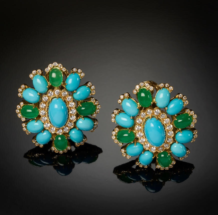  Veschetti Royal Vanity earrings wih cabochon cut Burmese jade and Arizona turquoise