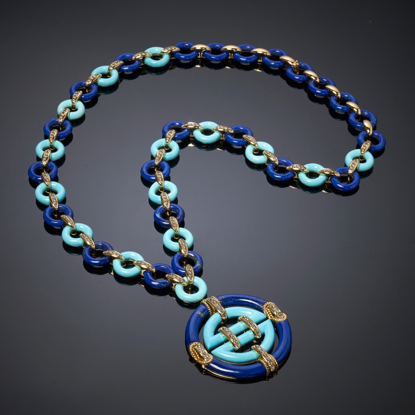  Veschetti Blue Oriente necklace with Arizona natural turquoise, lapis lazuli and diamonds