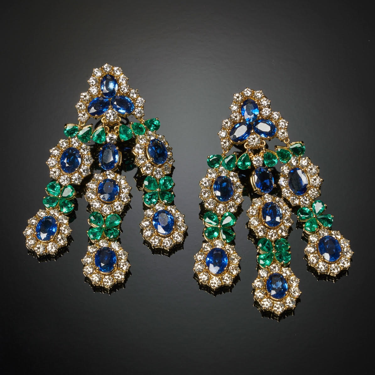  Veschetti Blue Shirley earrings with Ceylon sapphires weighing 24.05 cts , Colombian emeralds of 9.06 cts and diamonds