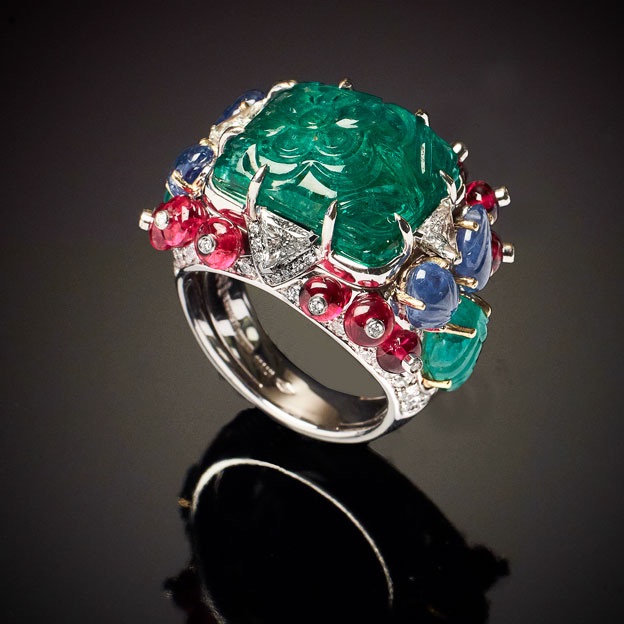  Veschetti Green Fruit ring with Zambian Gem Quality carved emerald of 11.36 cts , carved emeralds, spinels, carved sapphires and diamonds