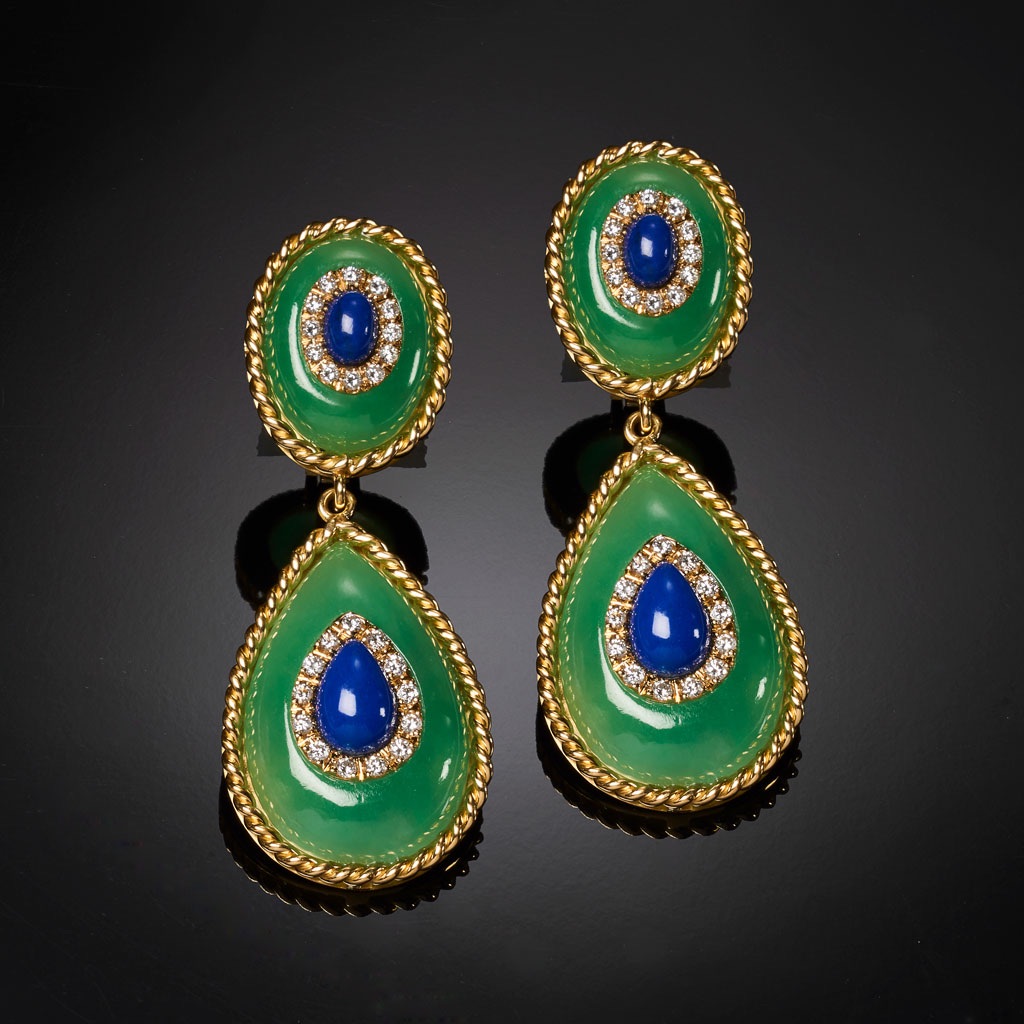  Veschetti Blue Seadrop gold earrings featuring Burmese jade and cabochon cut lapis lazuli