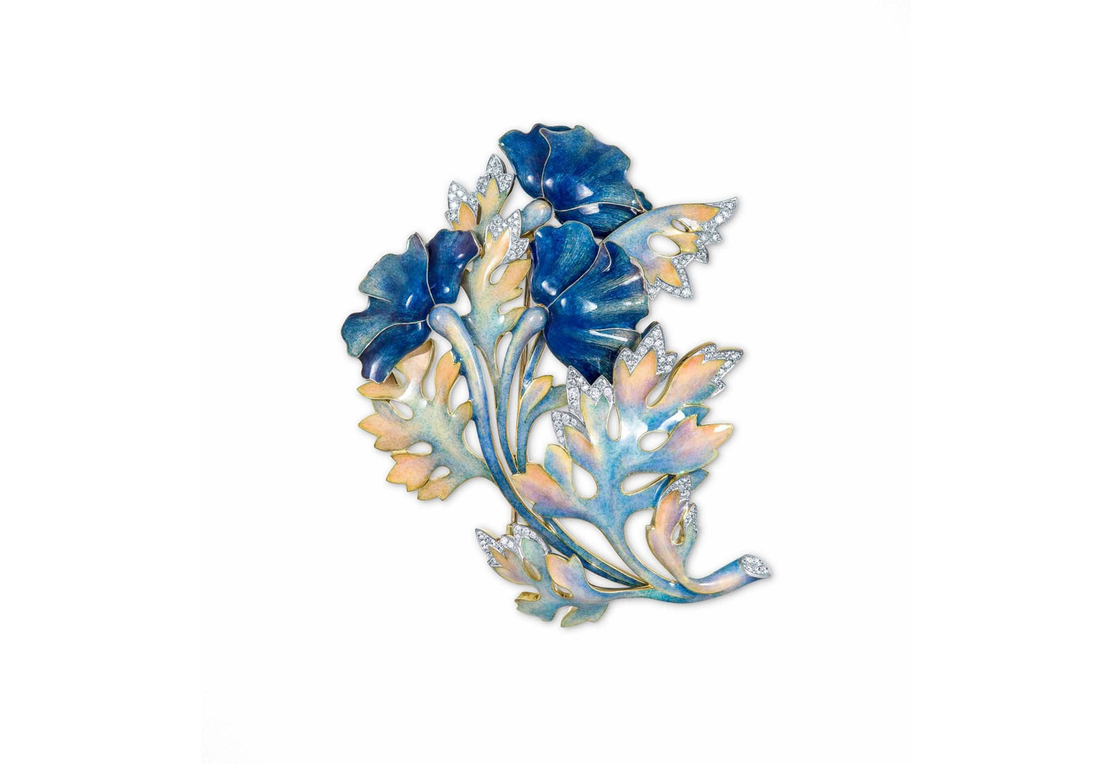 Ilgiz F. 'Himalayan Blue Poppies' brooch in enamel and diamonds