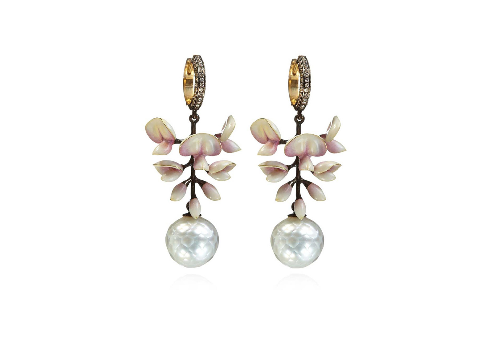  Ilgiz F. 'Wisteria' faceted pearl earrings with enamel decoration and diamonds