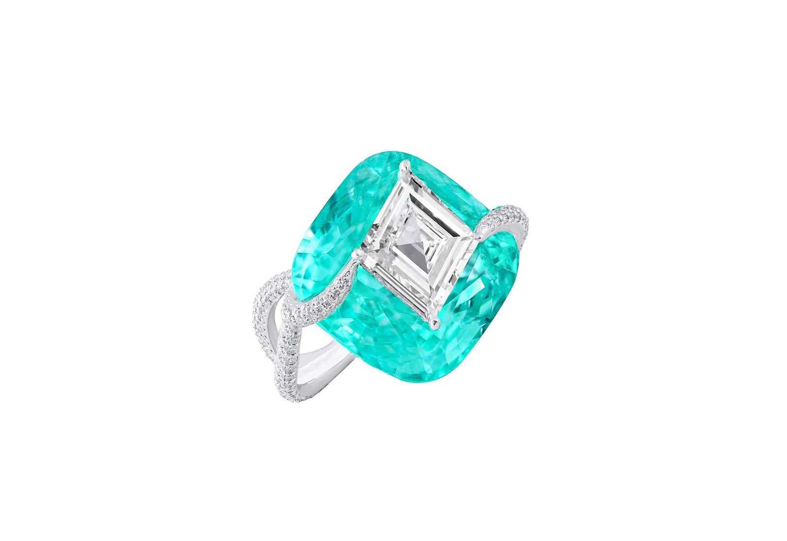  Boghossian ring with Paraiba tourmaline and inlaid step cut kite shape diamond, with accenting diamonds