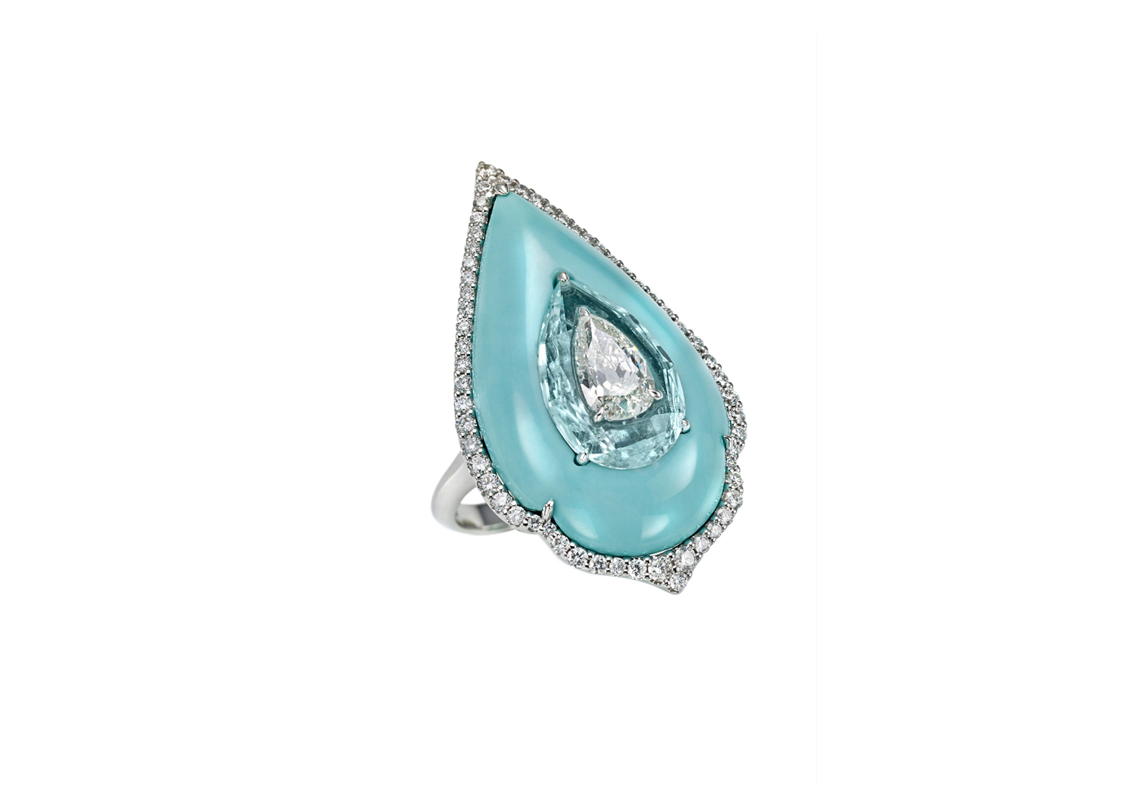  Boghossian ring with pear cut diamond inlaid in Paraiba tourmaline, further inlaid in turquoise and accented by diamonds