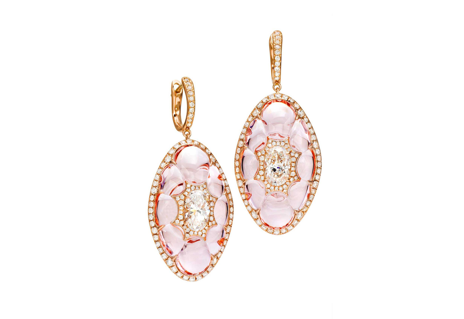  Boghossian earrings with morganite and inlaid oval cut diamonds, with accenting diamonds
