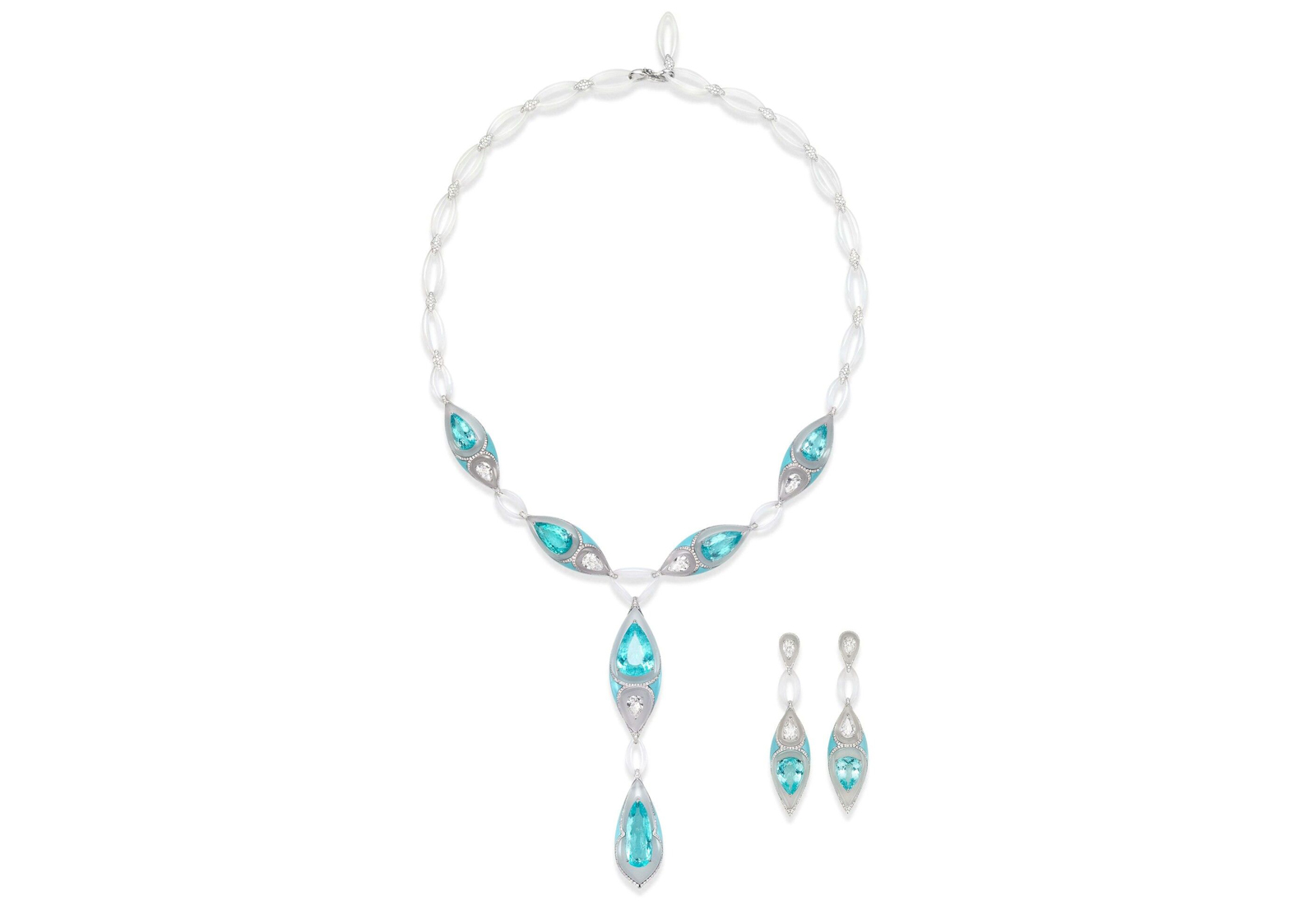Boghossian inlay sautoir parure in Paraiba tourmaline, chalcedony, turquoise, quartz and diamonds