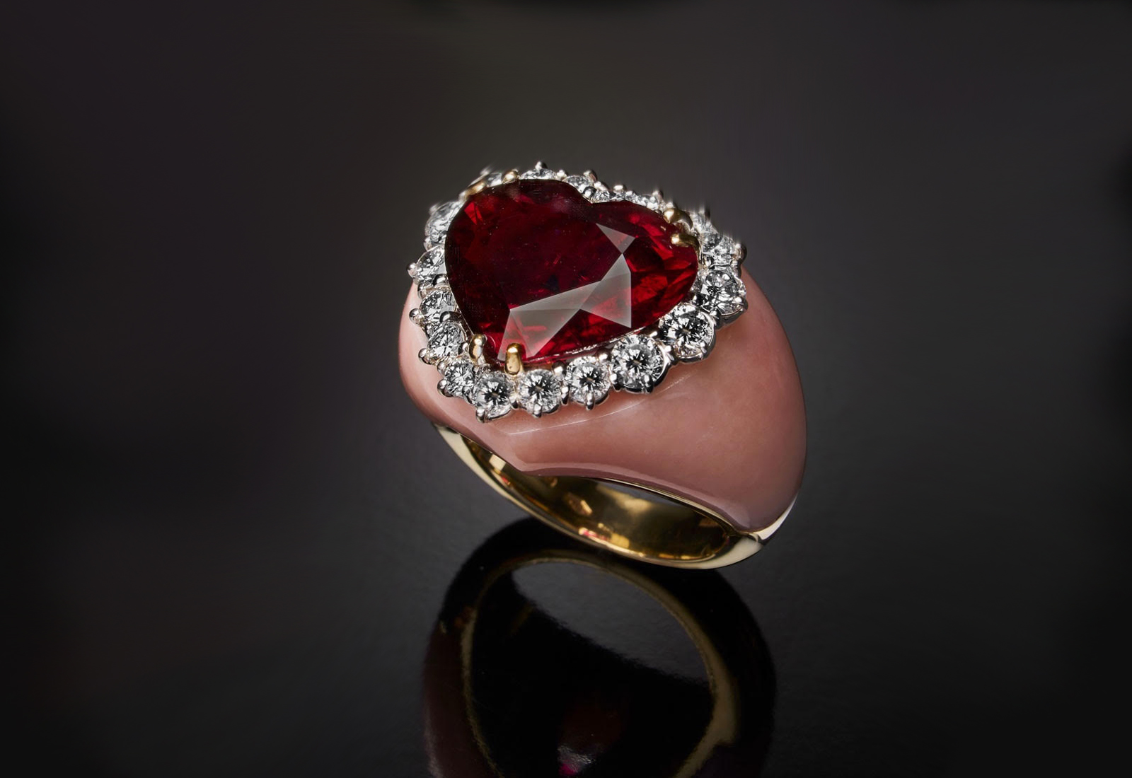 Veschetti 'Heartbeat' ring with fancy cut heart shaped rubellite, pink opal inlay and diamonds 