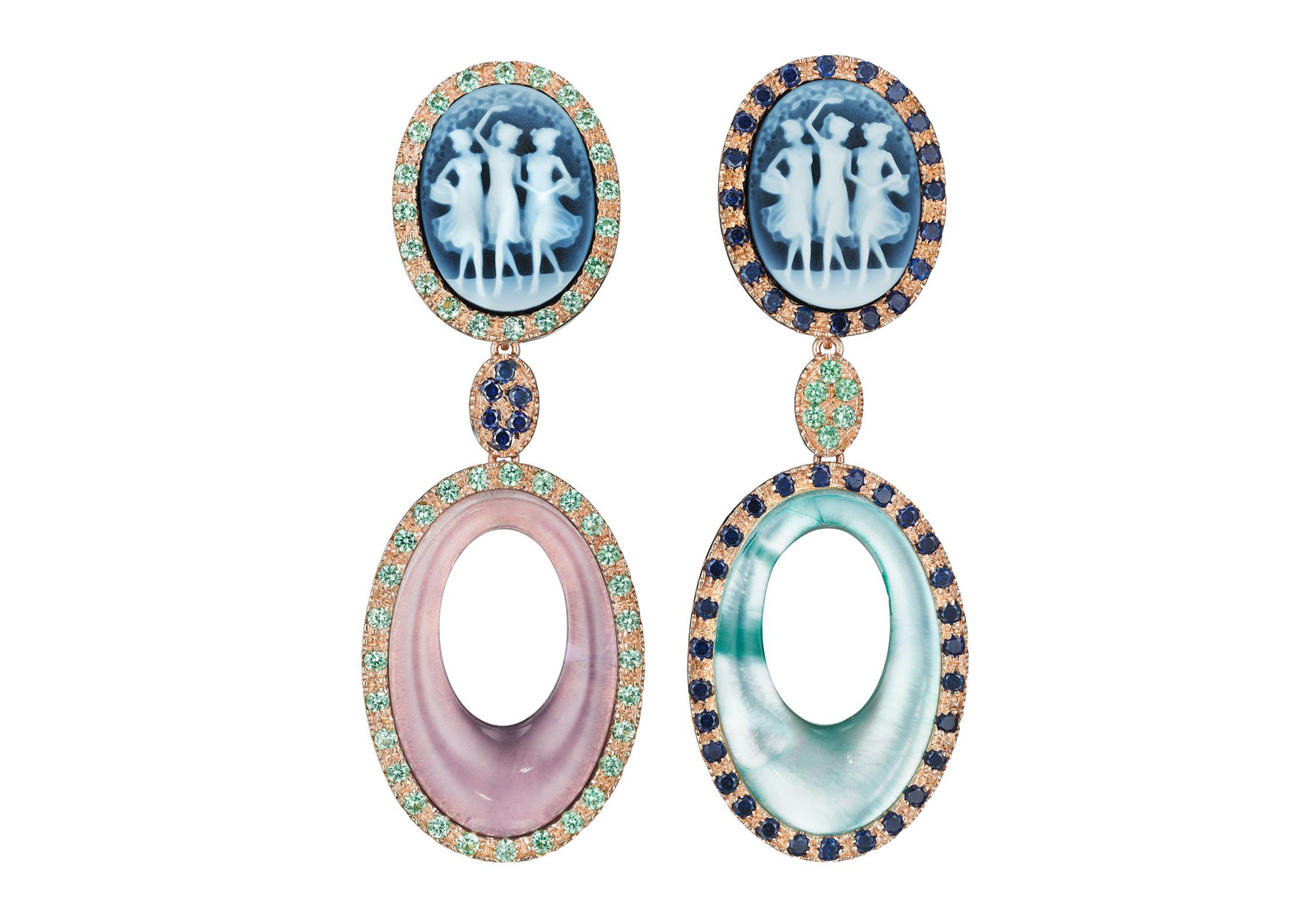 Amedeo Scognamiglio ‘Muse’ blue agate cameo earrings with pavé tsavorites, blue sapphires, pink tourmaline and aqua rock crystal, set in rose gold plated silver