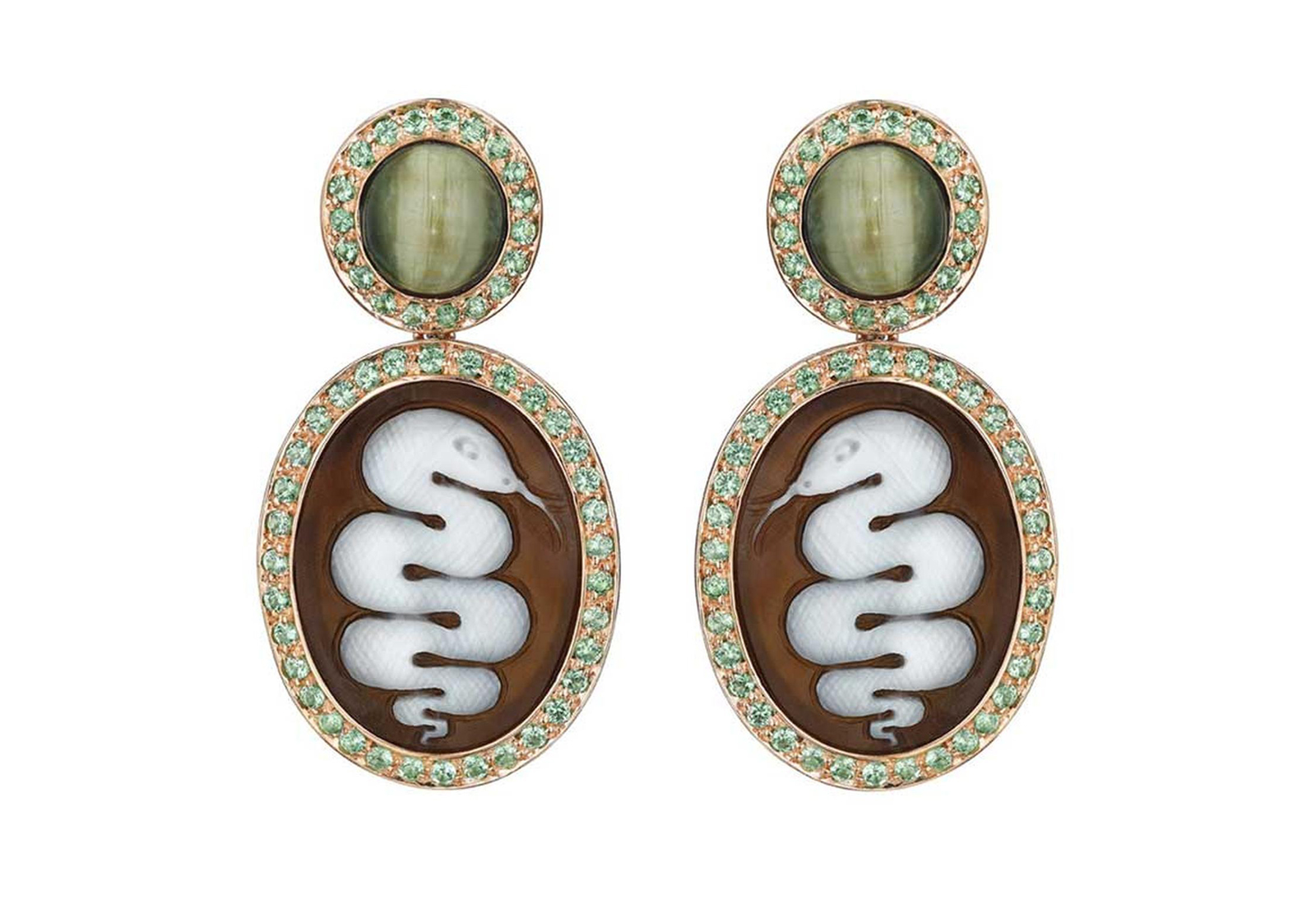  Amedeo Scognamiglio ‘Serpent’ sardonyx cameos with imperial opal cabochons and pavé tsavorites in rose gold-plated silver