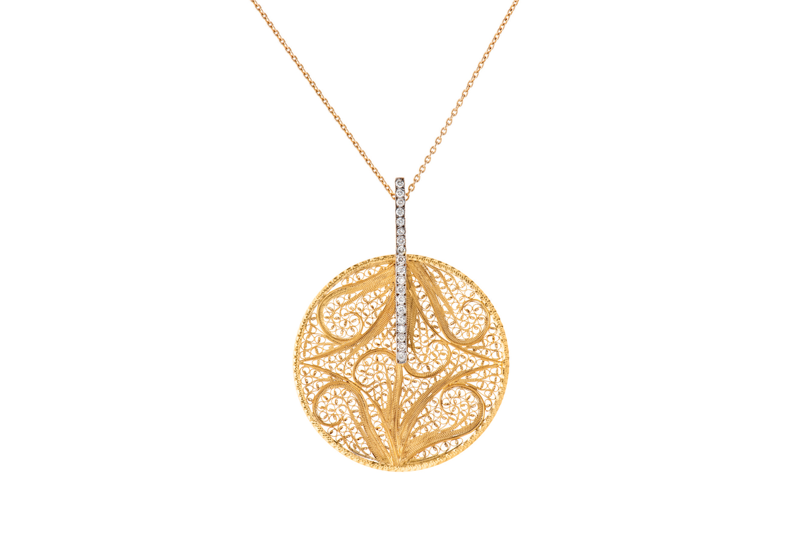  Eleuterio 'Deco Filigree' pendant in openwork yellow gold and diamonds