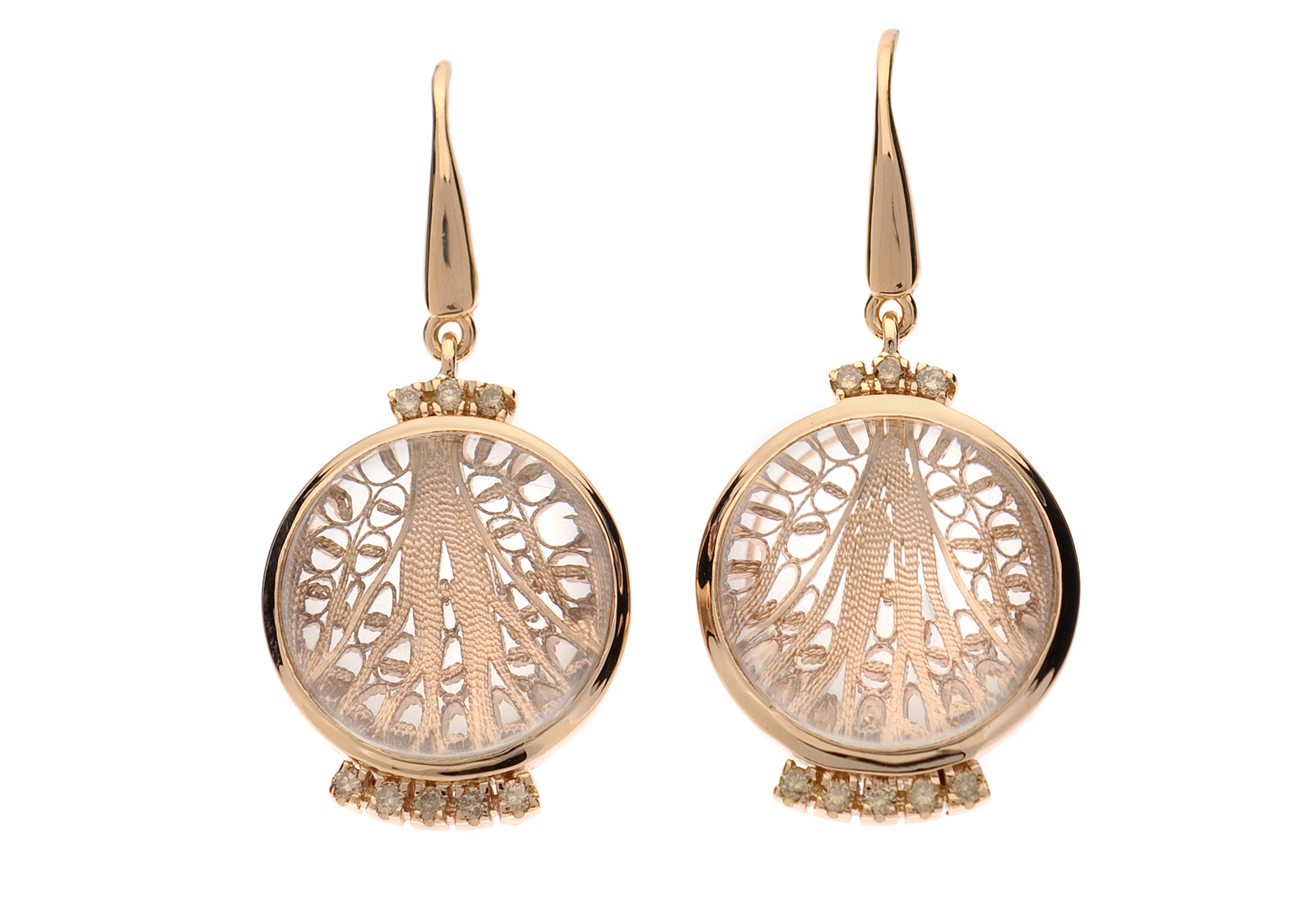  Eleuterio 'Deco Filigree' drop earrings in crystal, openwork rose gold and brown diamonds