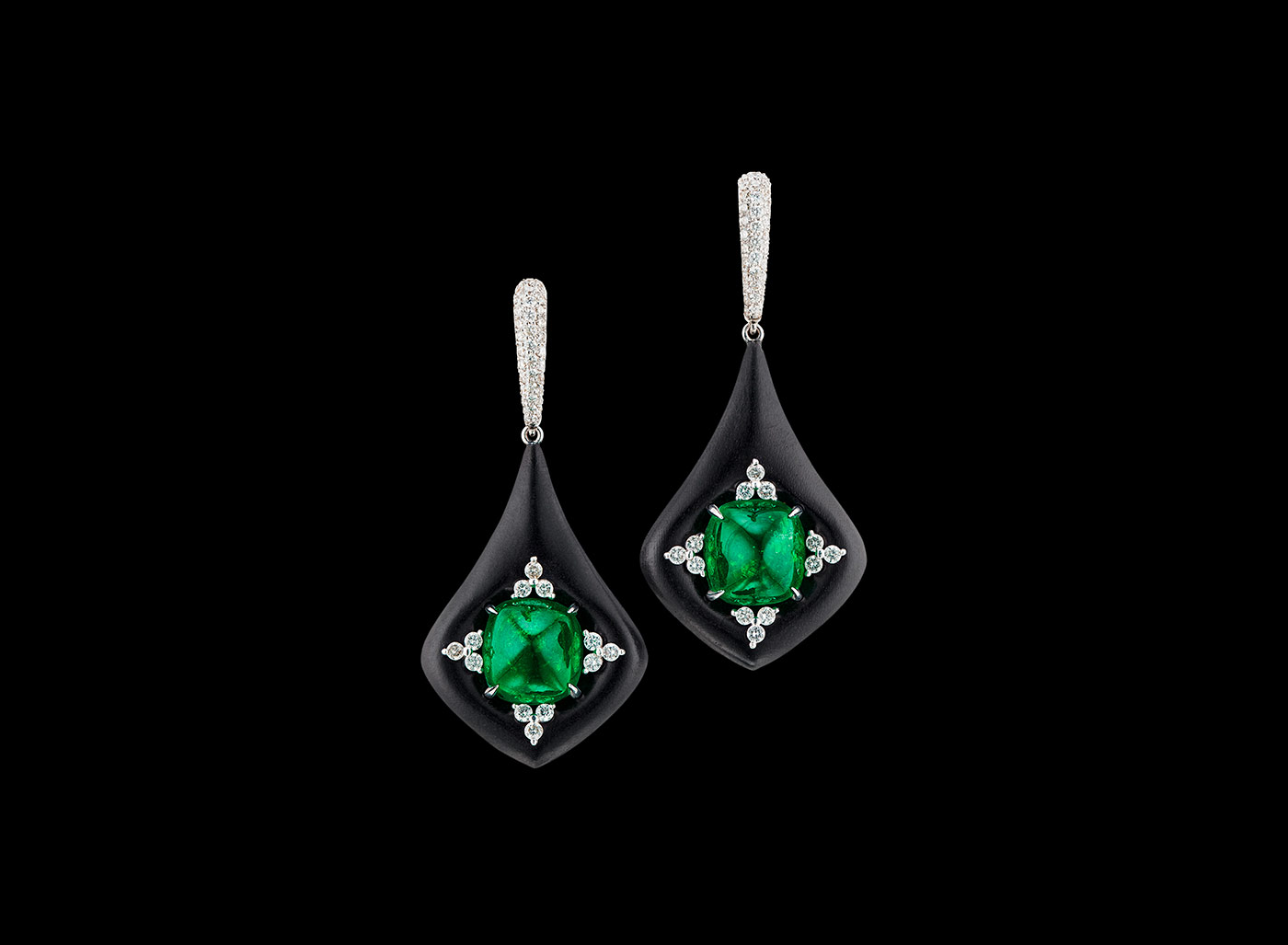 Inbar Afghani emerald and ebony earrings with diamonds