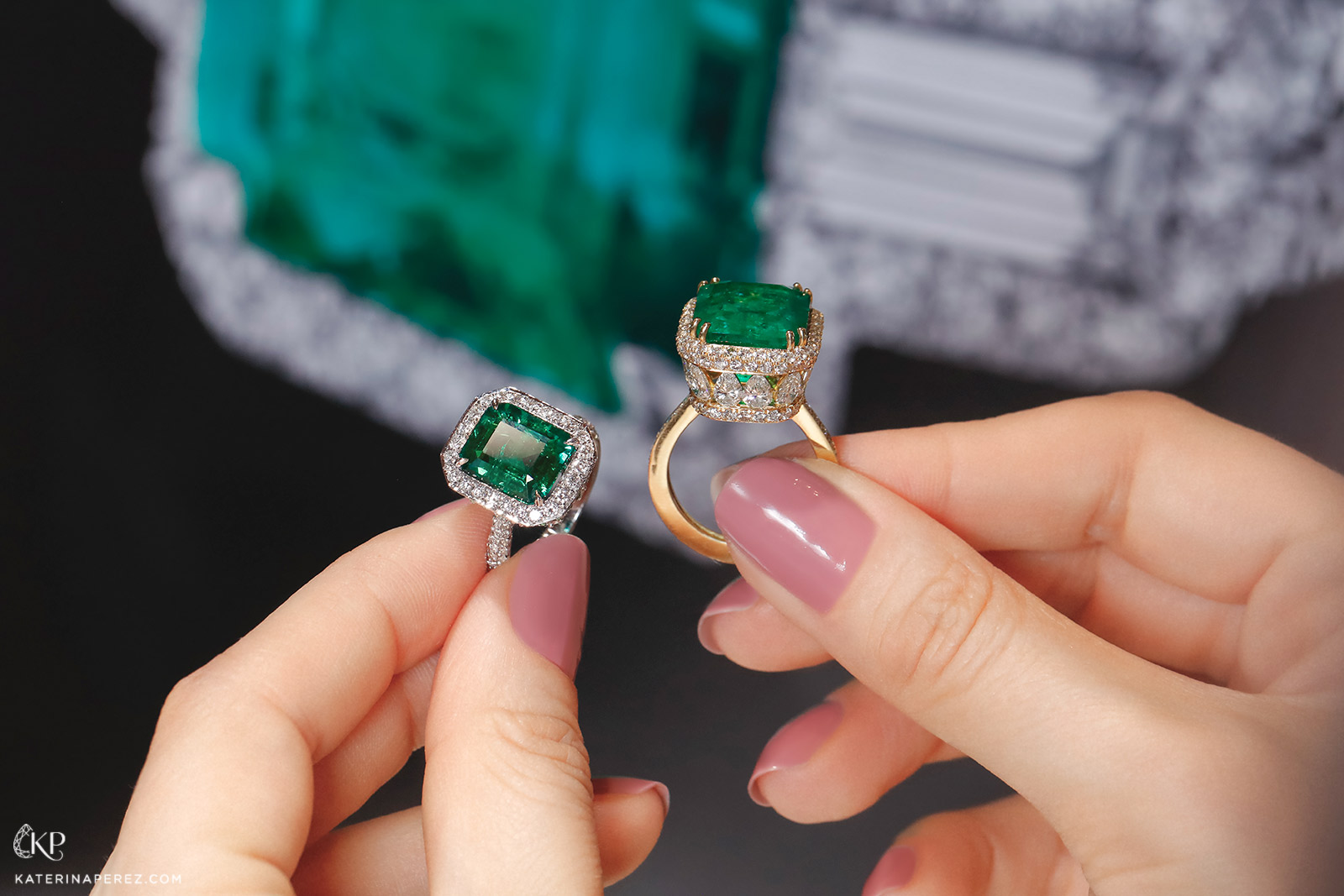 Inbar rings, left to right: 4.04 ct Afghani emerald in white gold and diamonds, and 12.5 ct Afghani emerald in yellow gold and diamonds