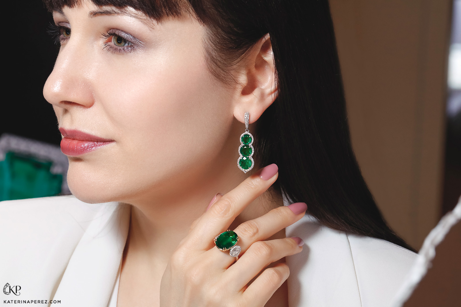 Inbar Afghani 10.44ct emerald ring and earrings with diamonds