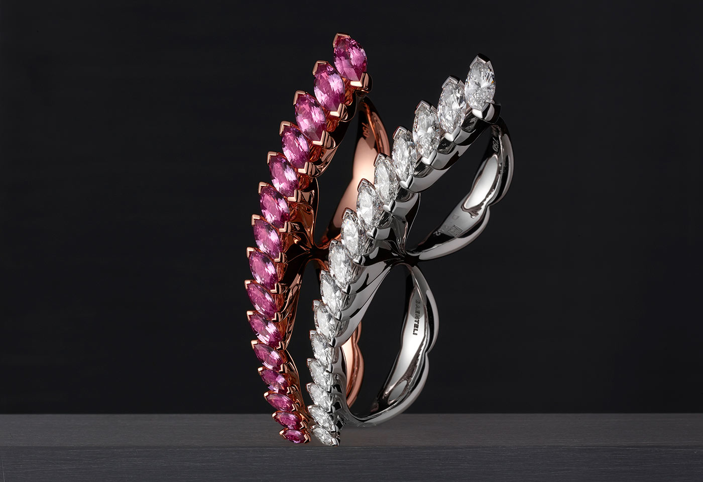 Baenteli Cascade rings with pink sapphires and diamonds