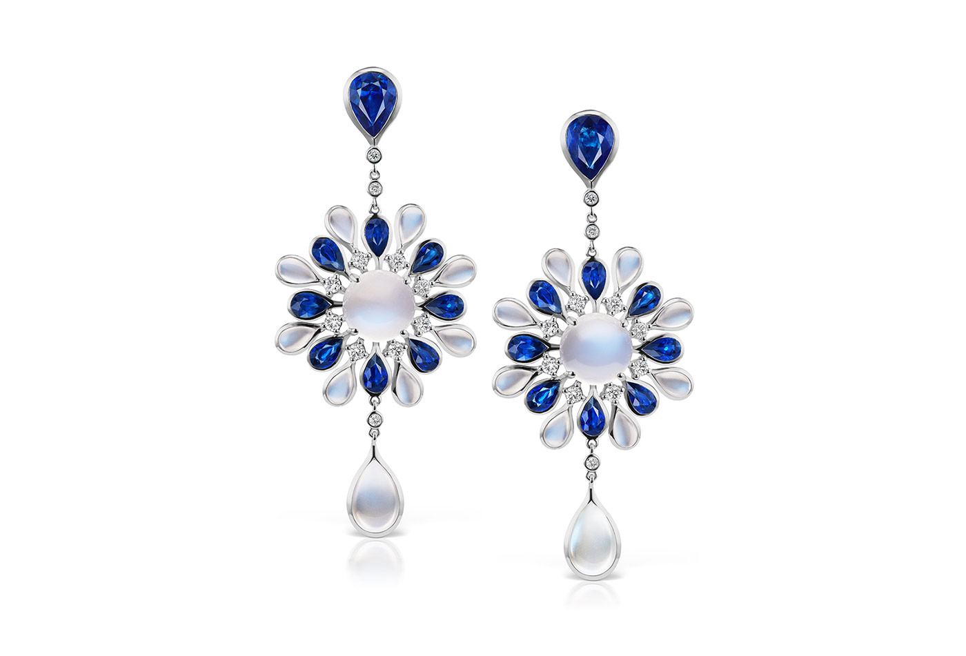  Maria Canale 'Drop' flower earrings in moonstone, sapphire and diamonds 
