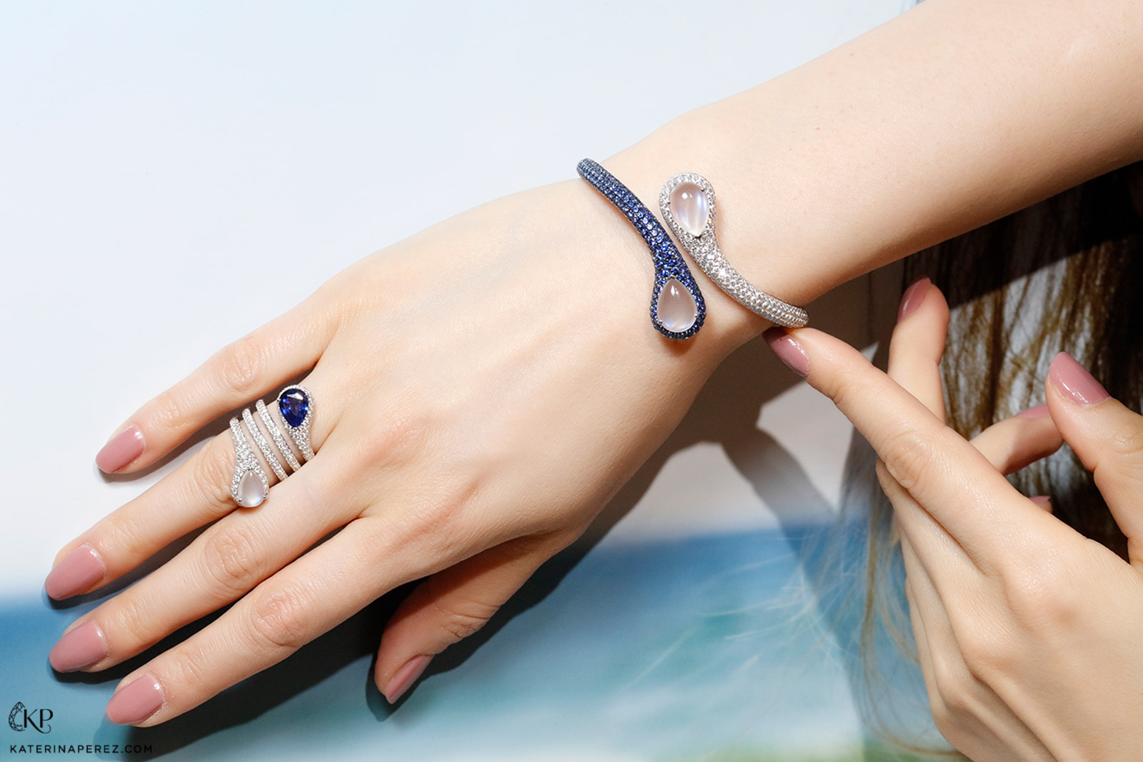 Maria Canale 'Drop' bangle and ring in moonstone, sapphire and diamonds 