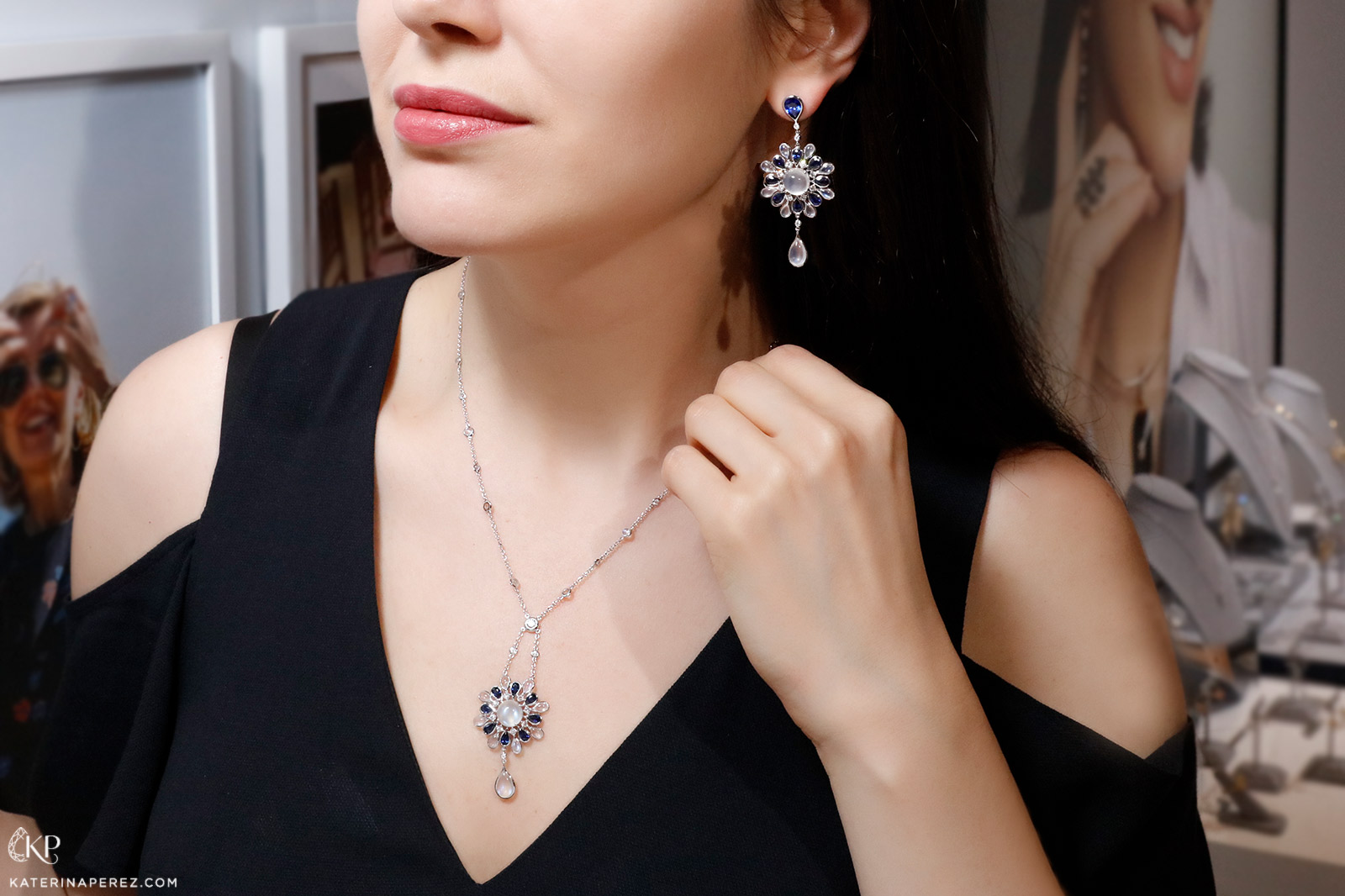 Maria Canale 'Drop' Flower earrings and necklace in moonstone, sapphire and diamonds 