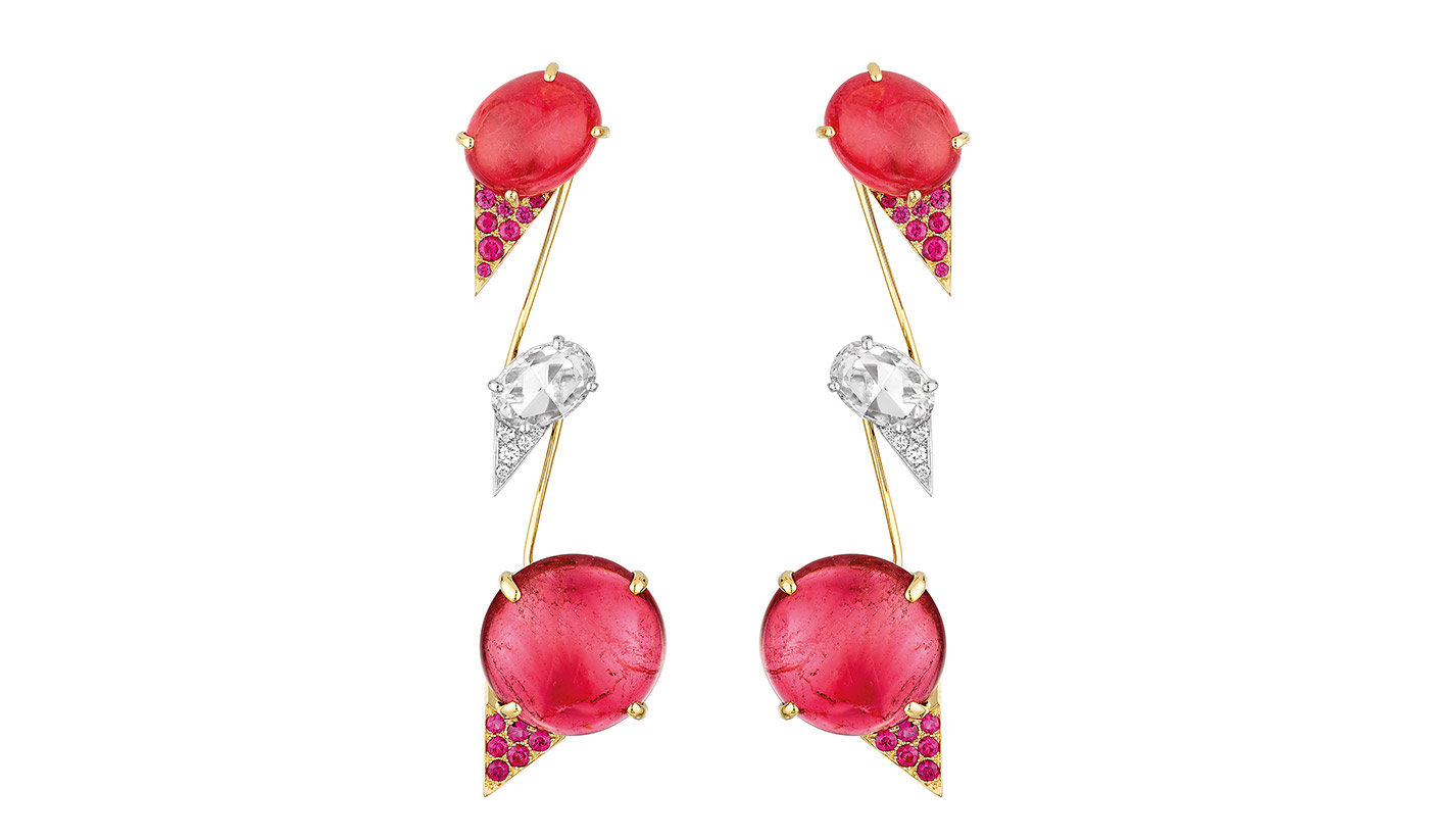 NUUN Jewels 'El Hada' collection 'Bowie' earrings in rubellite and rose cut diamonds