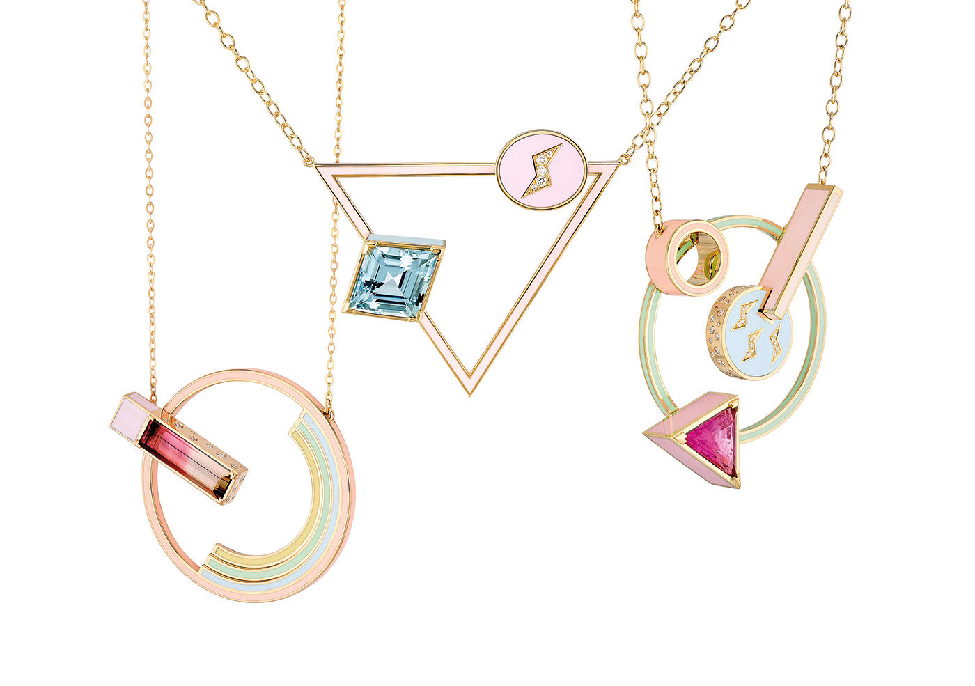  NUUN Jewels 'El Hada' pendant necklaces in tourmalines, aquamarines, diamonds, and enamel