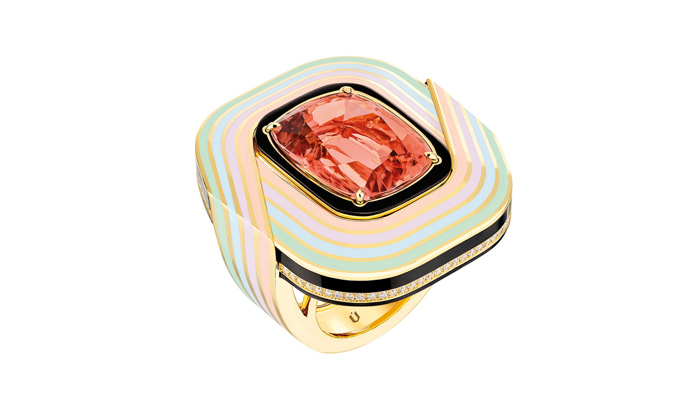  NUUN Jewels 'El Hada' ring in pink tourmaline, onyx, diamonds and enamel
