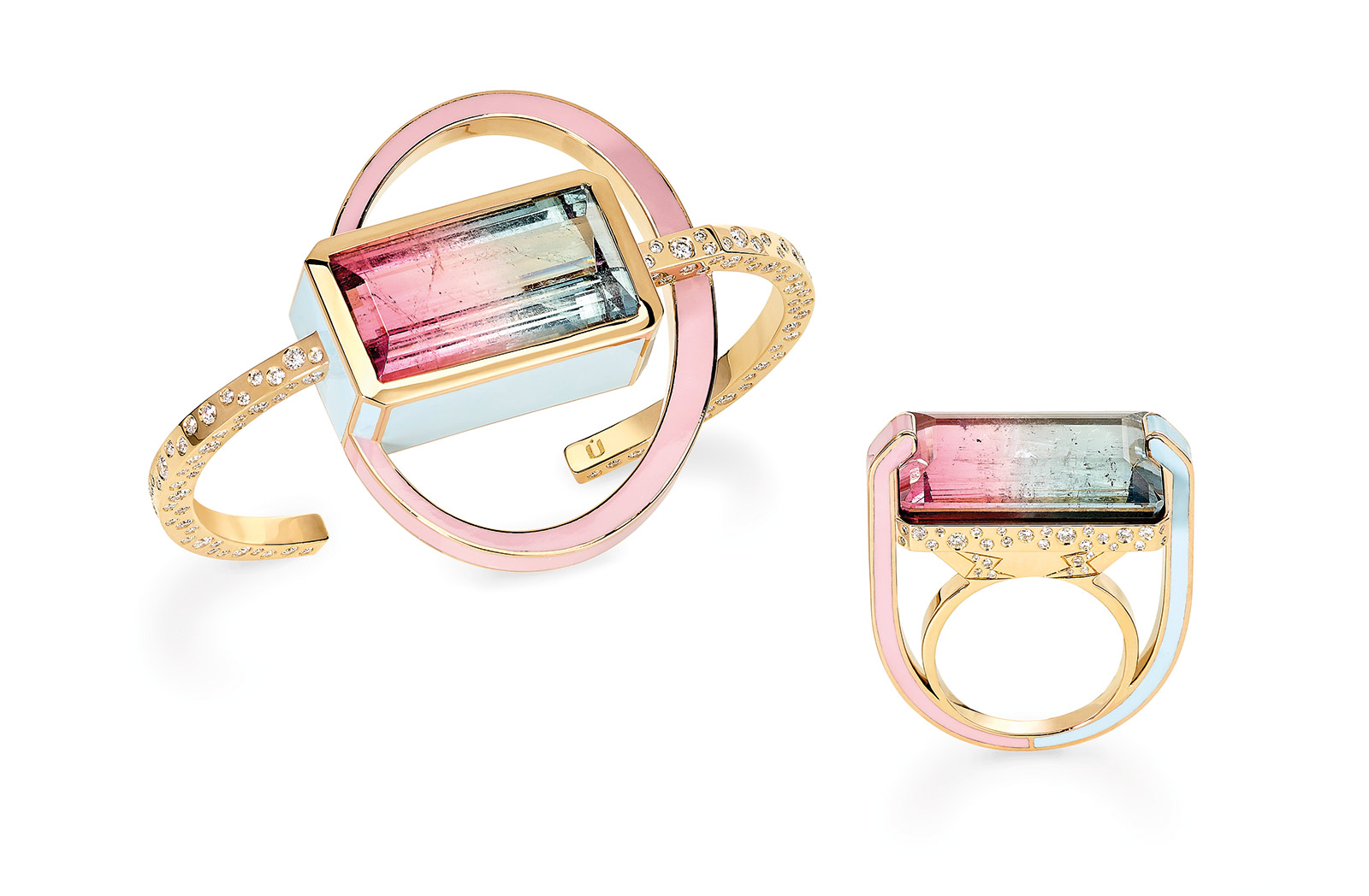 NUUN Jewels 'El Hada' bangle and ring in bi-colour tourmaline, diamonds and enamel