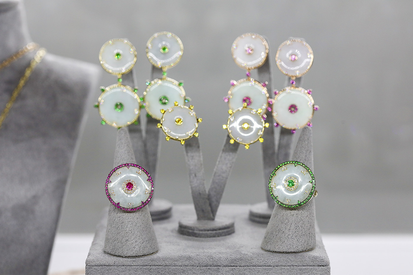 Nadine Aysoy 'Celeste' earrings and rings in jadeite, sapphires, tsavorites and diamonds