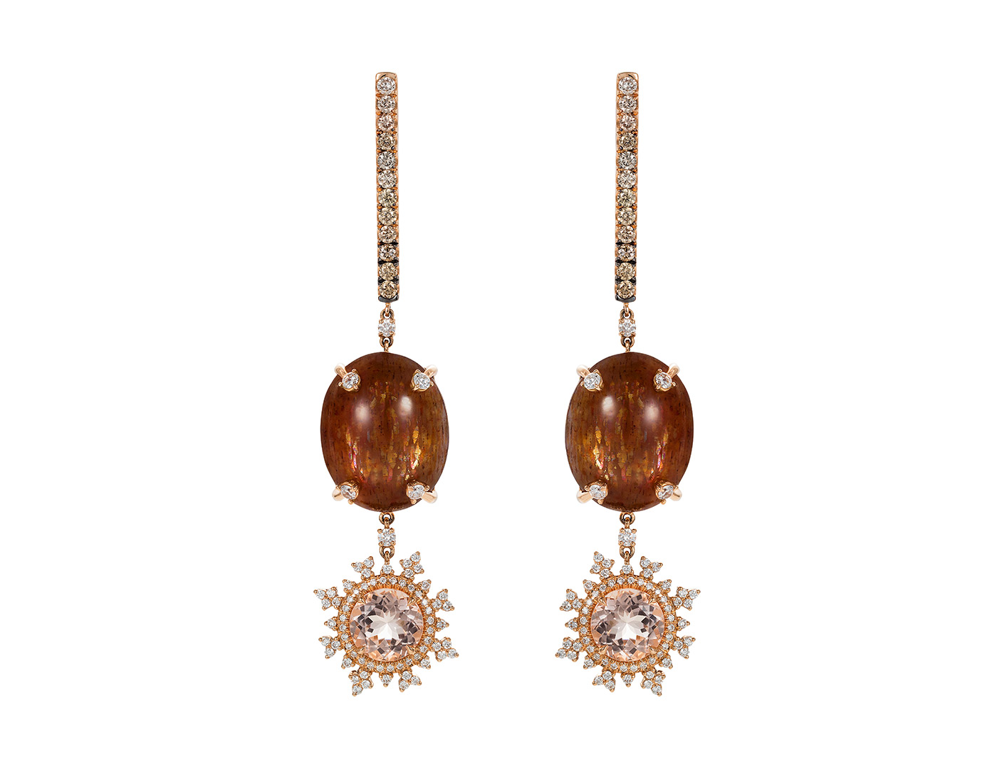  Nadine Aysoy 'Tsarina' drop earrings in rose gold, champagne diamonds, sun stone and morganite