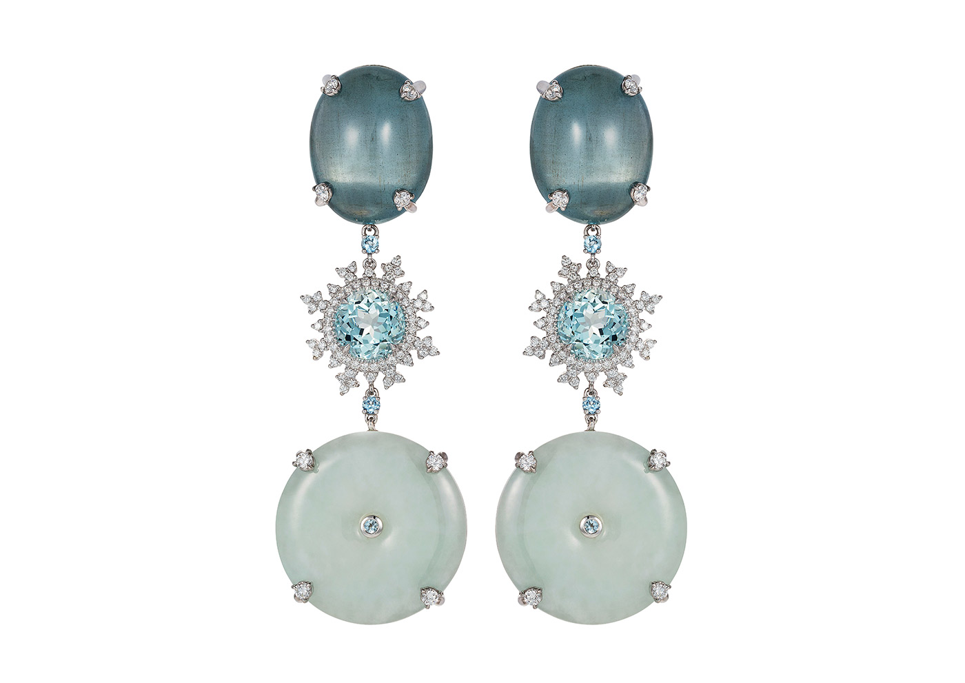  Nadine Aysoy 'Celeste' drop earrings in jadeite, aquamarine, sapphires and diamonds 
