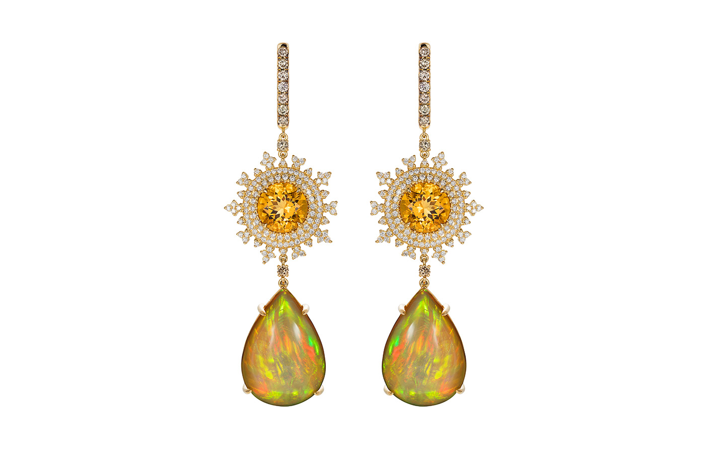  Nadine Aysoy 'Tsarina' drop earrings in yellow beryl,  diamonds and Mexican fire opal