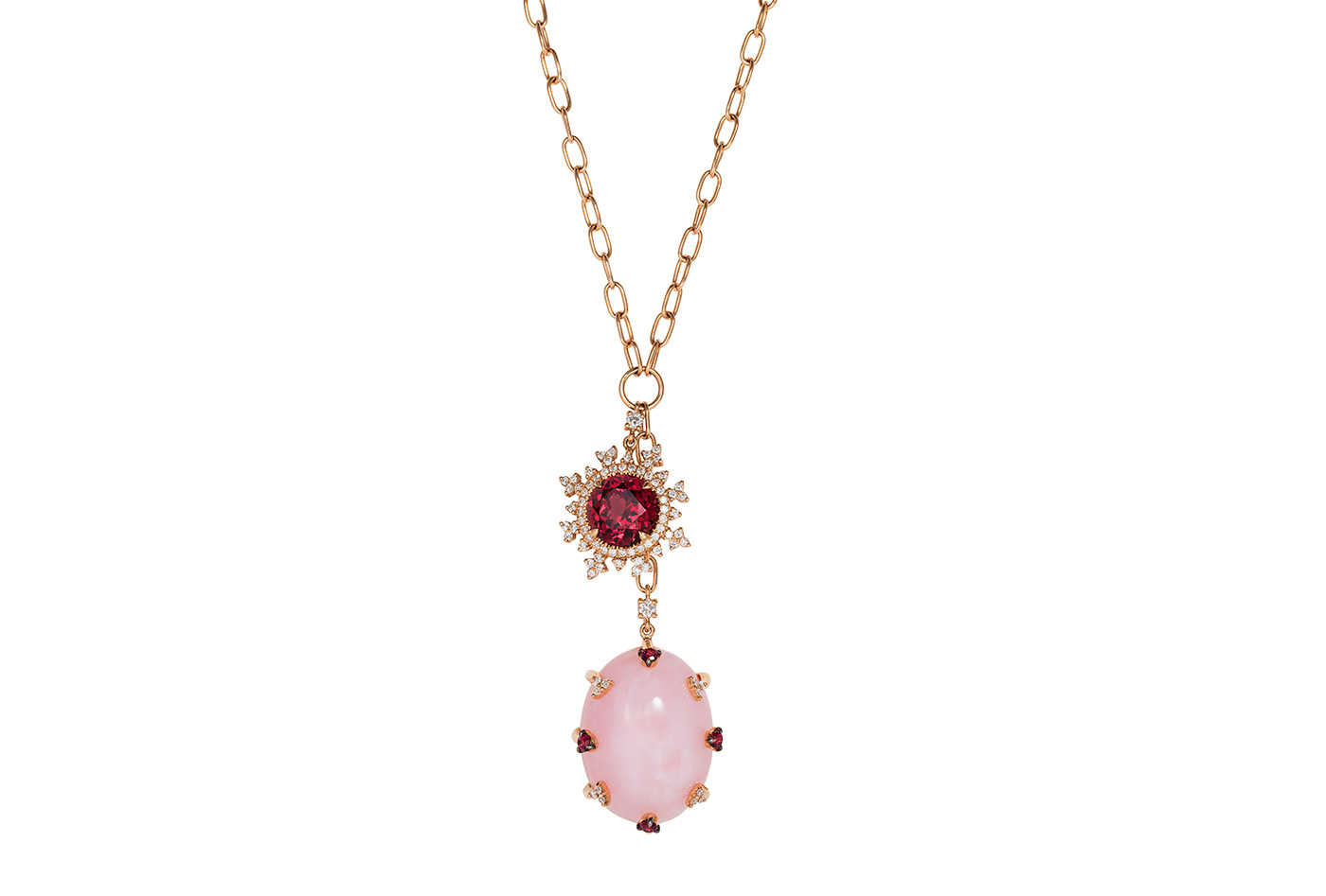  Nadine Aysoy 'Tsarina' pendant necklace in rose gold, diamonds, rhodolite and pink chalcedony