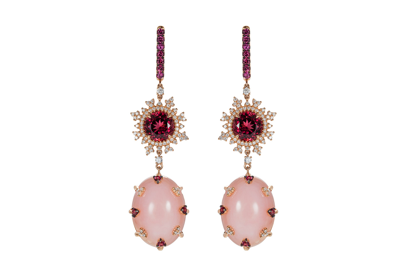  Nadine Aysoy 'Tsarina' earrings in rose gold, diamonds, rhodolite and pink chalcedony 