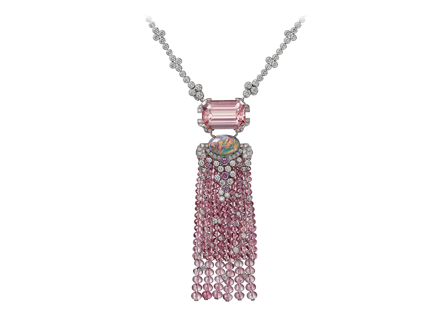  Cartier ‘Yoshino’ necklace from the ‘Coloratura’ collection with 2 emerald cut morganites totalling 55.18 ct, 8.13 carats of cabochon opals, tourmaline beads, pink sapphires and diamonds