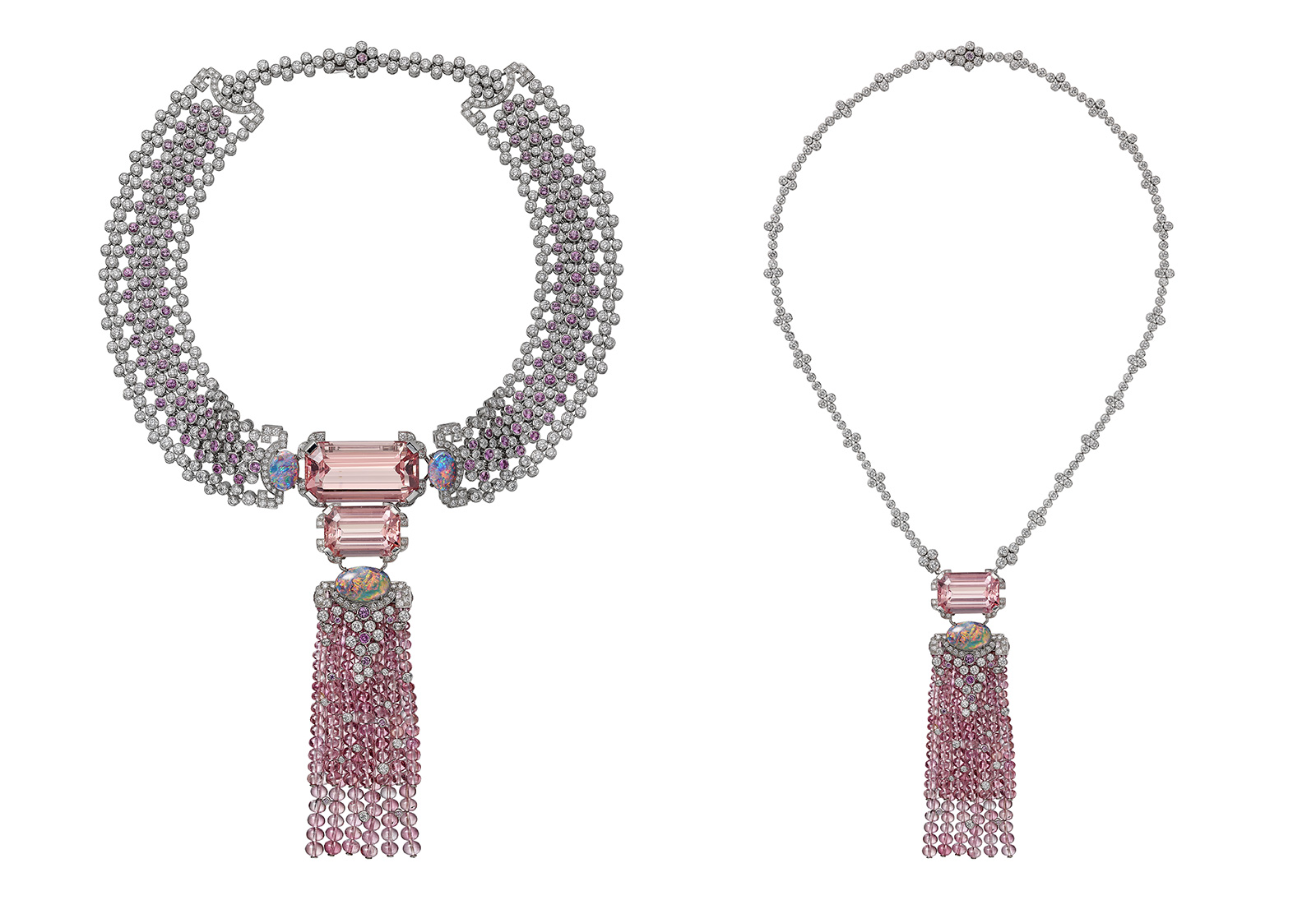  Cartier ‘Yoshino’ necklace from the ‘Coloratura’ collection with 2 emerald cut morganites totalling 55.18 ct, 8.13 carats of cabochon opals, tourmaline beads, pink sapphires and diamonds