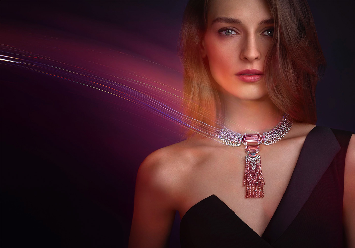 Cartier ‘Yoshino’ necklace from the ‘Coloratura’ collection with 2 emerald cut morganites totalling 55.18 ct, 8.13 carats of cabochon opals, tourmaline beads, pink sapphires and diamonds