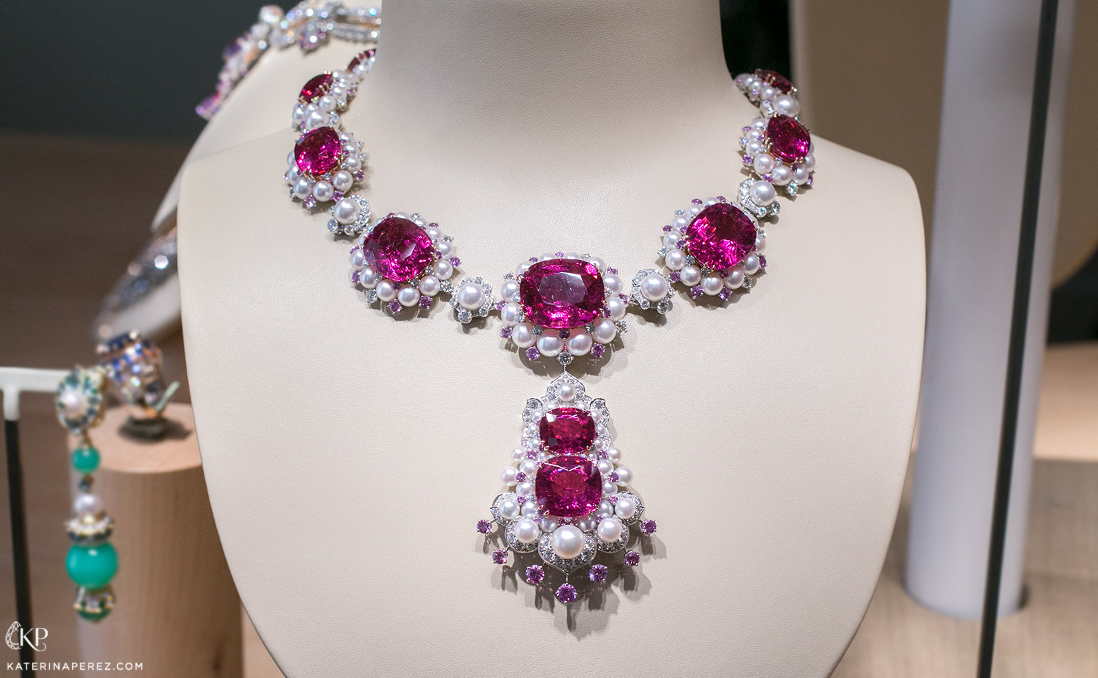 Van Cleef & Arpels ‘Demoiselle Gracieuse’ necklace from the ‘Quatre de contes Grimm’ collection with 12 cushion cut rubellites totalling 206.68 ct, pink sapphires, pearls and diamonds