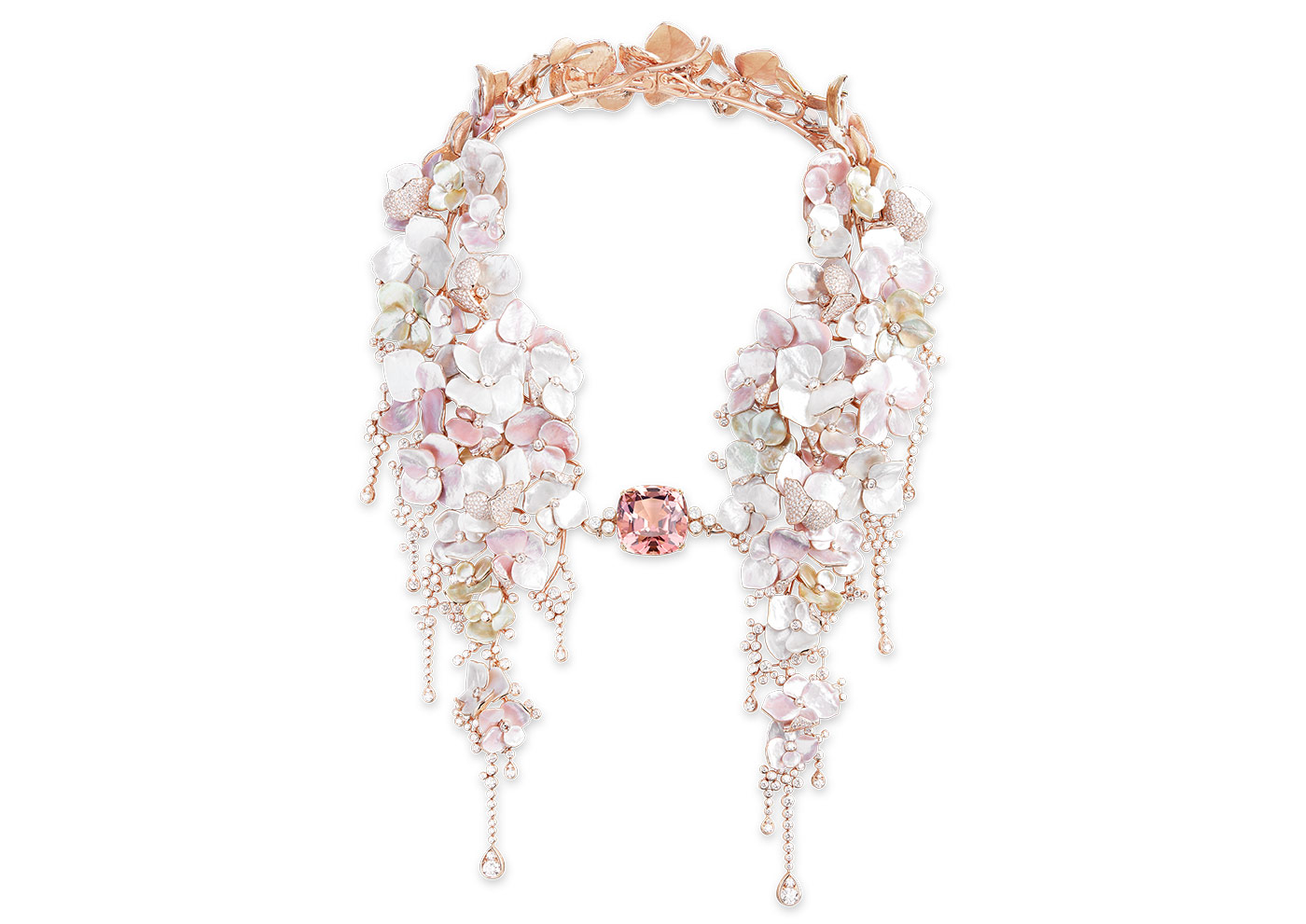 Boucheron ‘Nuages de Fleurs’ necklace from the ‘Nature Triomphante’ collection with 42.96ct pink tourmaline, mother of pearl and diamonds