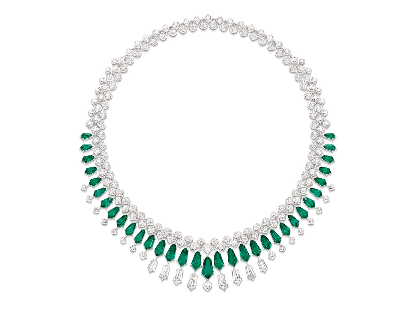  Piaget ‘Green Borealis’ necklace from the ‘Sunset Escape’ collection with 33 trapezoid cut Colombian emeralds, trapezoid and brilliant cut diamonds