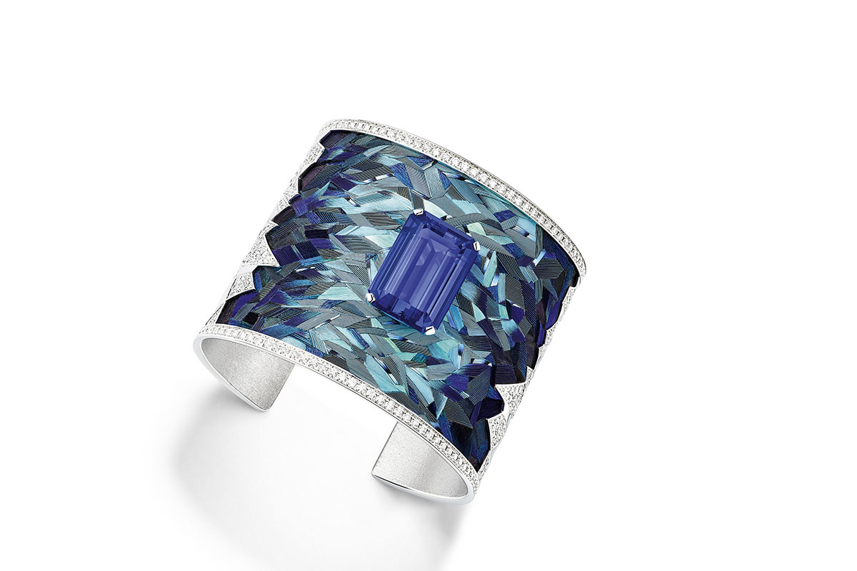  Piaget ‘Blue Emotion’ manchette cuff from the ‘Exalting Sights’ line with 24.36ct emerald cut tanzanite, 9.45ct diamonds and feather marquetry 