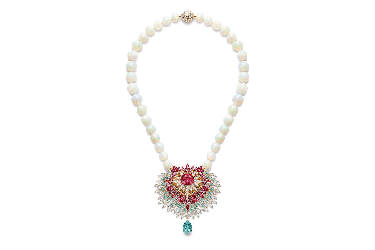  Piaget transformable ‘Blazing Sky’ necklace from the 'Dancing Nights' line with 9.38ct oval spinel, 4.97ct pear cut Paraiba tourmaline, spinels, spessarite garnets, sapphires, Paraiba tourmaline, opal beads and diamonds 