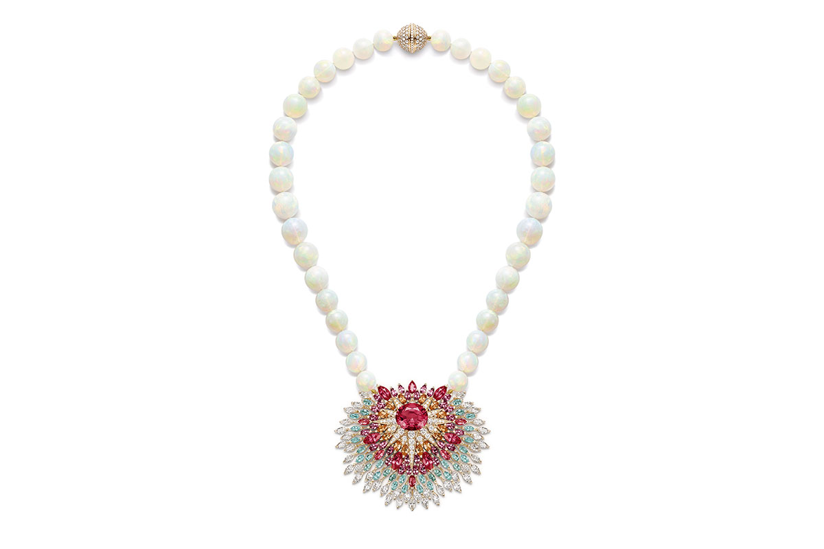  Piaget transformable ‘Blazing Sky’ necklace from the 'Dancing Nights' line with 9.38ct oval spinel, spinels, spessarite garnets, sapphires, Paraiba tourmaline, opal beads and diamonds 