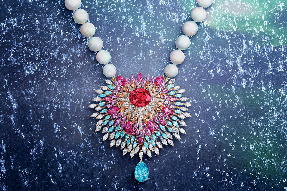 Piaget transformable ‘Blazing Sky’ necklace from the 'Dancing Nights' line with 9.38ct oval spinel, 4.97ct pear cut Paraiba tourmaline, spinels, spessarite garnets, sapphires, Paraiba tourmaline, opal beads and diamonds 
