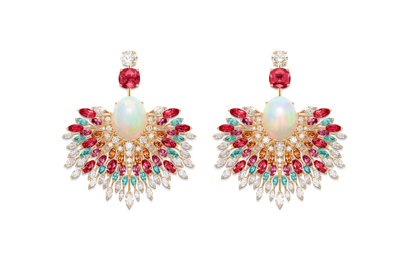  Piaget ‘Blazing Sky’ earrings from the 'Dancing Nights' line with 4.53ct and 4.51ct cabochon opals, spinels, spessarite garnets, sapphires, Paraiba tourmaline, opal beads and diamonds 
