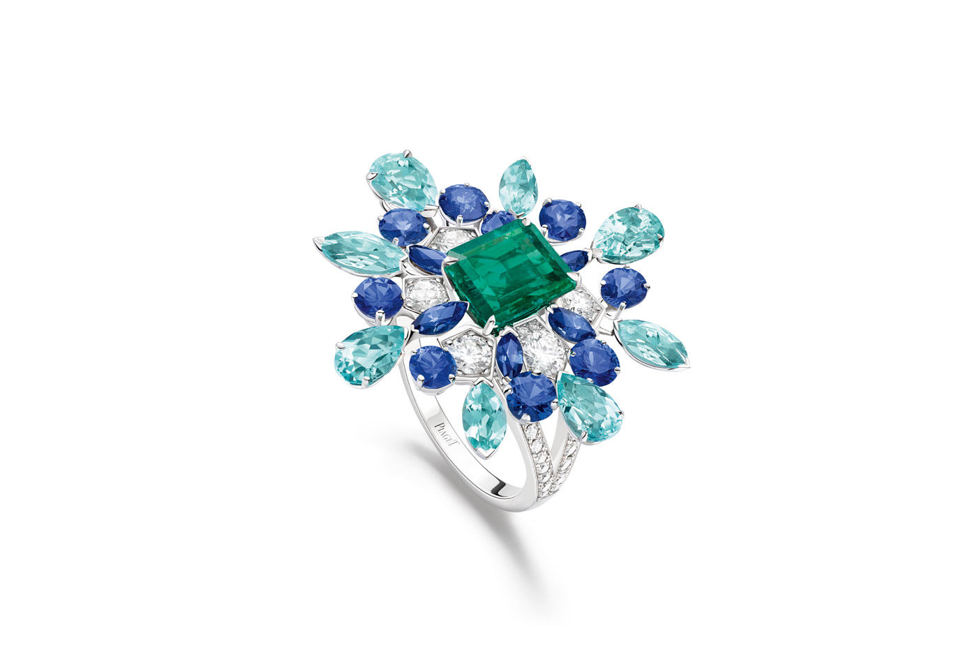  Piaget ‘Colourful Symphony’ ring from the 'Dancing Nights' line with 1.88ct emerald cut no-oil Colombian emerald, sapphires, tourmalines and diamonds 